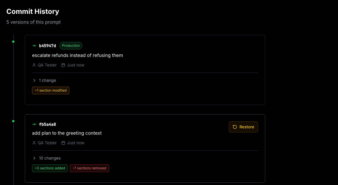 Commit history showing two versions, the top one badged Production, each with a commit message and a summary of what changed